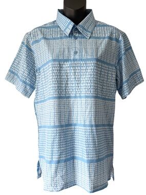 Manaola Half Button Polo Short Sleeve Shirt Mens XS Blue White Tribal Hawaiian